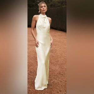 Meshki - Esther - Iridescent Satin Cowl Maxi Dress - Lemon Sorbet - Size L